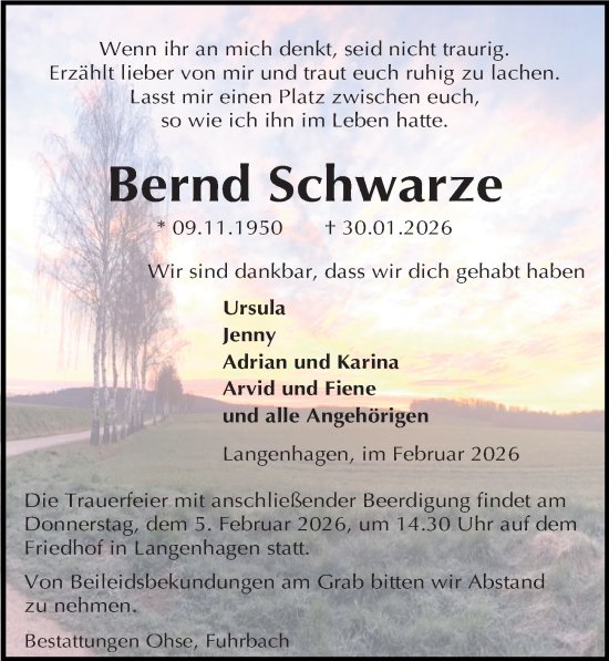 Traueranzeige von Bernd Schwarze von Eichsfelder Tageblatt