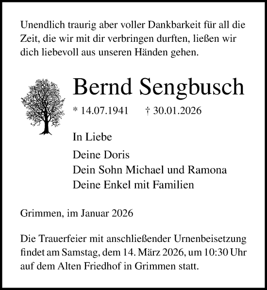 Traueranzeige von Bernd Sengbusch von Ostsee-Zeitung GmbH