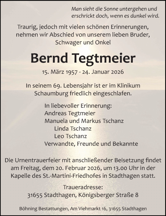 Traueranzeige von Bernd Tegtmeier von Schaumburger Nachrichten