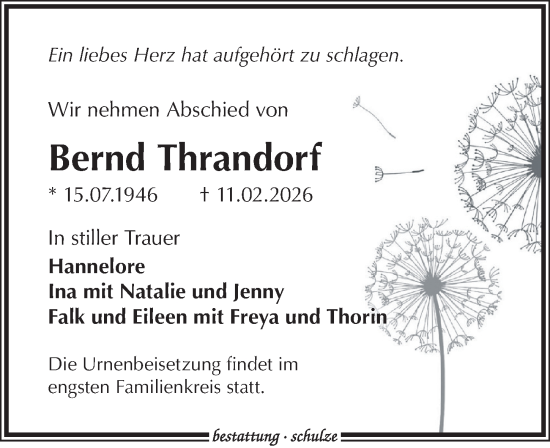 Traueranzeige von Bernd Thrandorf von Leipziger Volkszeitung