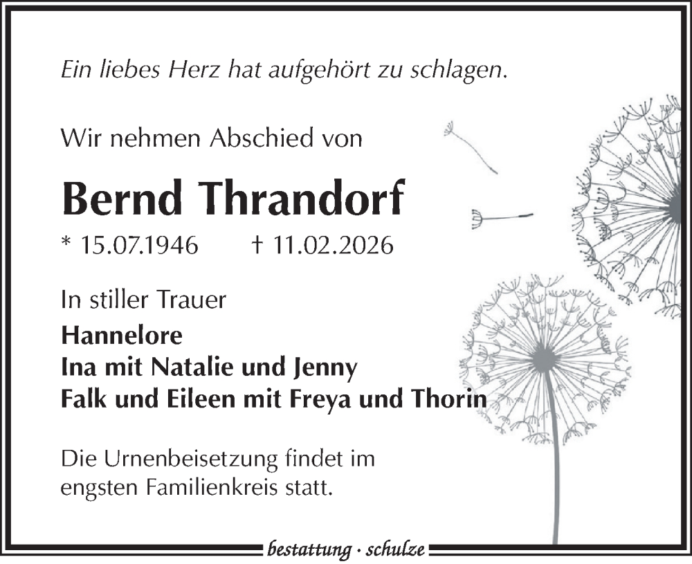  Traueranzeige für Bernd Thrandorf vom 21.02.2026 aus Leipziger Volkszeitung
