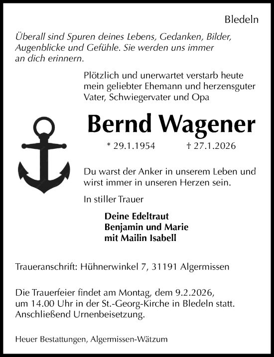 Traueranzeige von Bernd Wagener von Hannoversche Allgemeine Zeitung/Neue Presse
