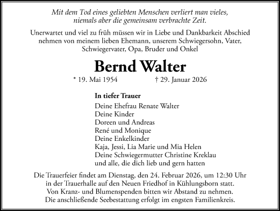 Traueranzeige von Bernd Walter von Ostsee-Zeitung GmbH