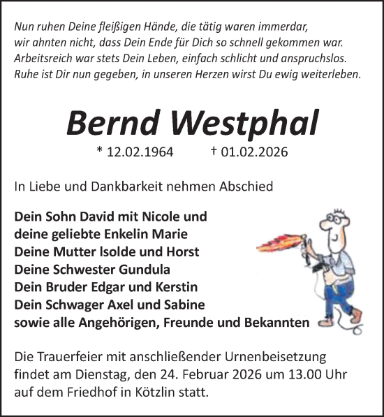 Traueranzeige von Bernd Westphal von Wochenspiegel