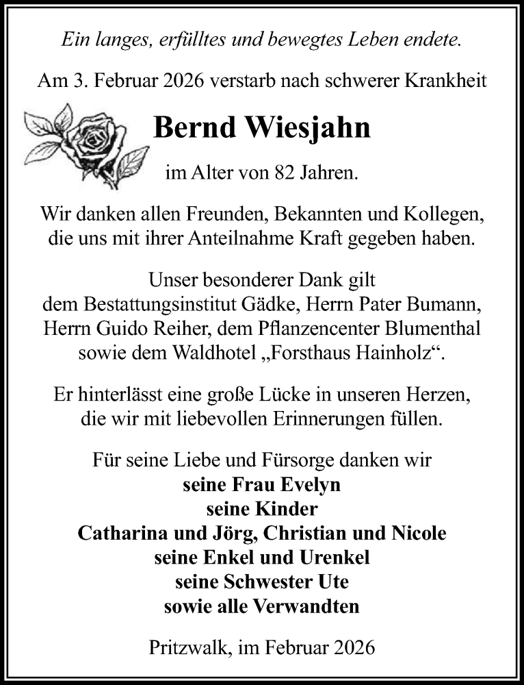  Traueranzeige für Bernd Wiesjahn vom 21.02.2026 aus Wochenspiegel