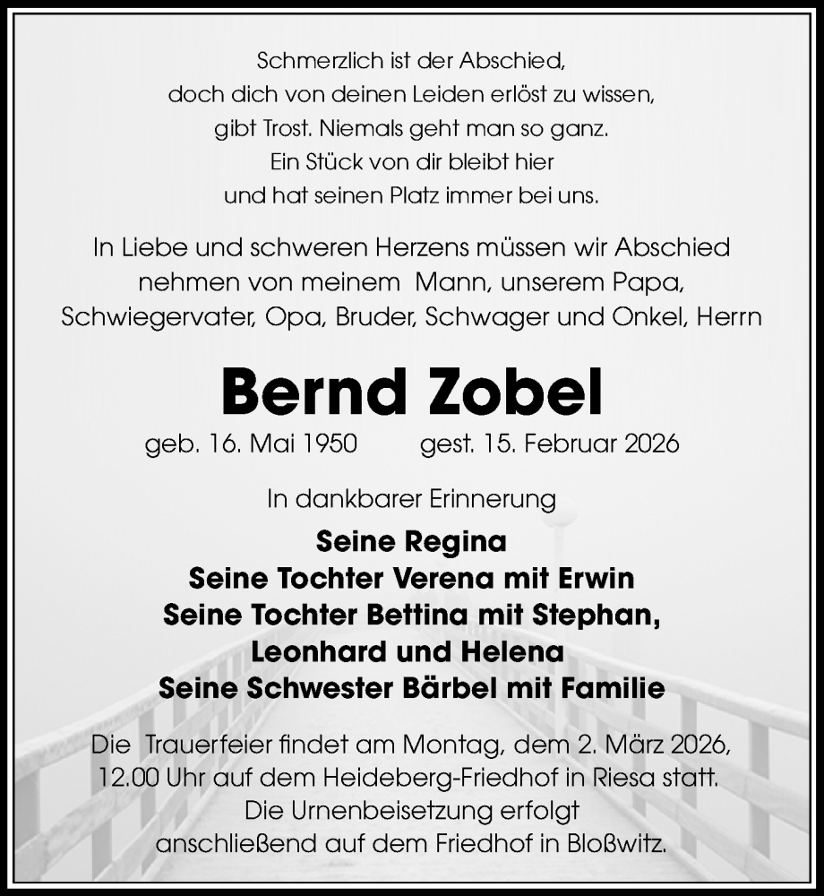  Traueranzeige für Bernd Zobel vom 28.02.2026 aus Sächsische Zeitung