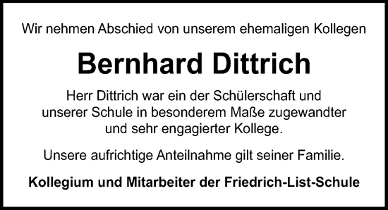 Traueranzeige von Bernhard Dittrich von Lübecker Nachrichten