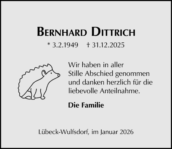 Traueranzeige von Bernhard Dittrich von Lübecker Nachrichten