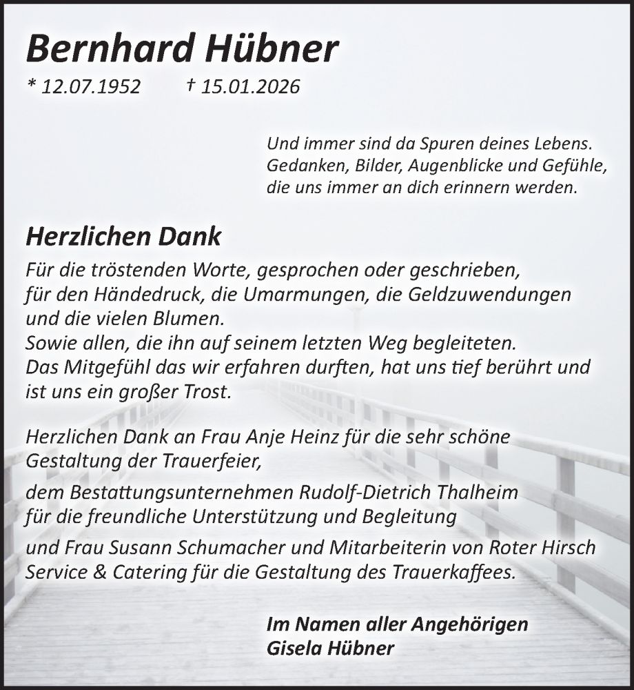  Traueranzeige für Bernhard Hübner vom 14.02.2026 aus Leipziger Volkszeitung
