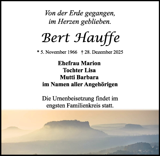 Traueranzeige von Bert Hauffe von Sächsische Zeitung