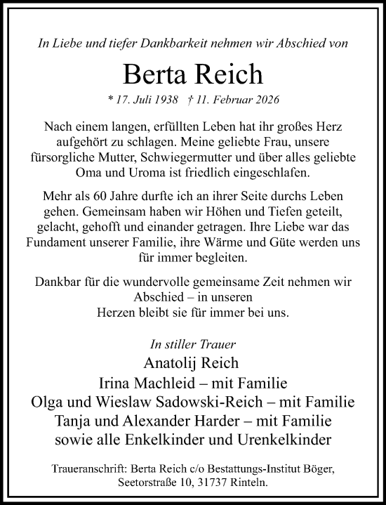 Traueranzeige von Berta Reich von Schaumburger Nachrichten und Schaumburger Zeitung/ Landes-Zeitung