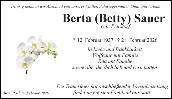 Traueranzeige von Berta Sauer von Ostsee-Zeitung GmbH