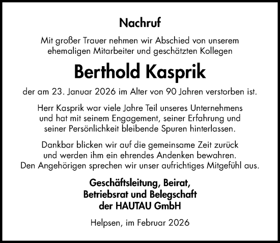 Traueranzeige von Berthold Kasprik von Schaumburger Nachrichten
