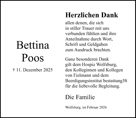 Traueranzeige von Bettina Poos von Aller Zeitung
