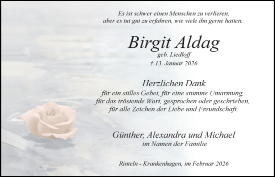 Traueranzeige von Birgit Aldag von Schaumburger Nachrichten und Schaumburger Zeitung/ Landes-Zeitung