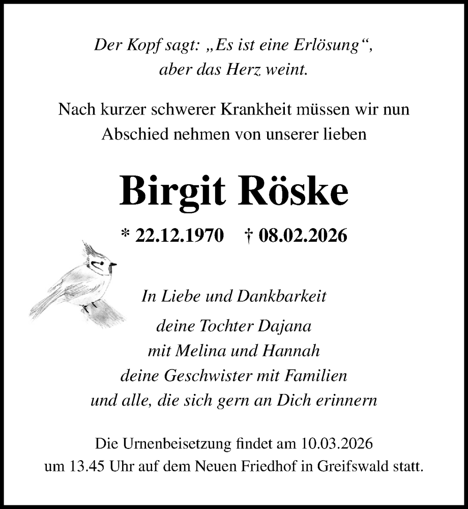  Traueranzeige für Birgit Röske vom 14.02.2026 aus Ostsee-Zeitung GmbH
