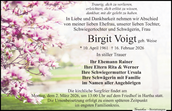 Traueranzeige von Birgit Voigt von Sächsische Zeitung
