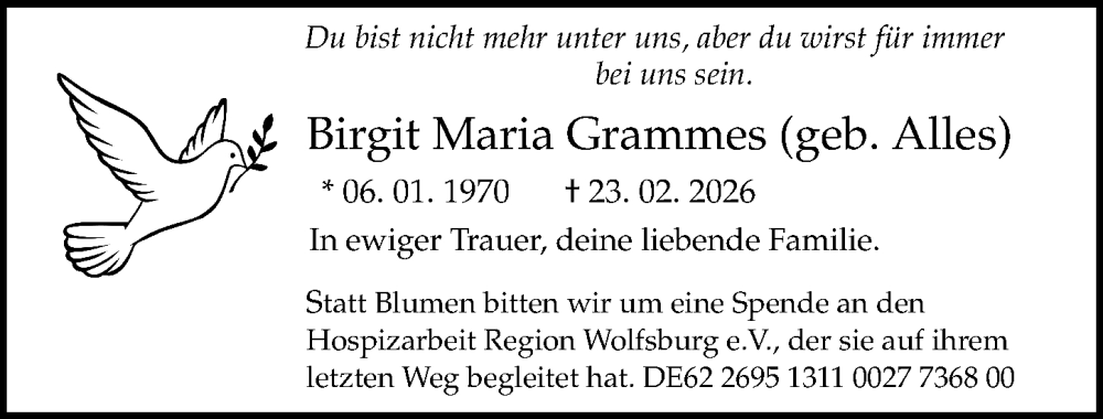  Traueranzeige für Birgit Maria Grammes vom 28.02.2026 aus Aller Zeitung