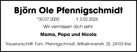 Traueranzeige von Björn Ole Pfennigschmidt von Kieler Nachrichten