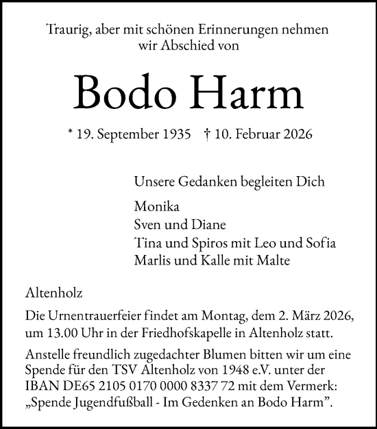 Traueranzeige von Bodo Harm von Kieler Nachrichten