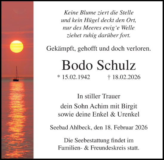 Traueranzeige von Bodo Schulz von Ostsee-Zeitung GmbH