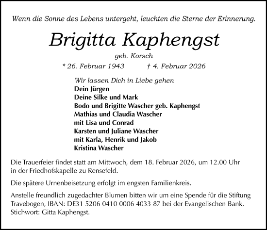Traueranzeige von Brigitta Kaphengst von Lübecker Nachrichten