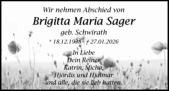 Traueranzeige von Brigitta Maria Sager von Ostsee-Zeitung GmbH