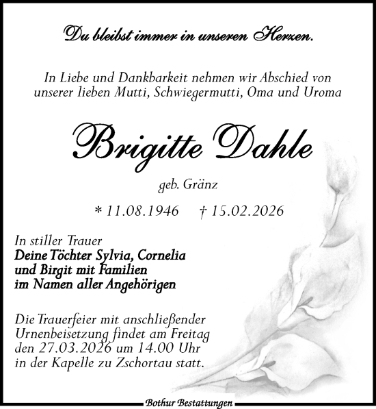 Traueranzeige von Brigitte Dahle von Leipziger Volkszeitung