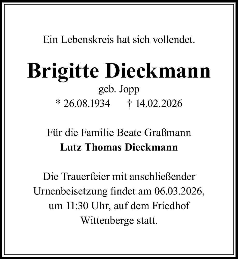  Traueranzeige für Brigitte Dieckmann vom 21.02.2026 aus Wochenspiegel