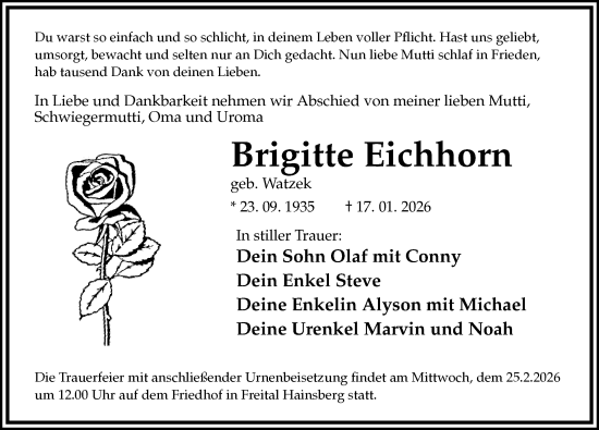 Traueranzeige von Brigitte Eichhorn von Sächsische Zeitung