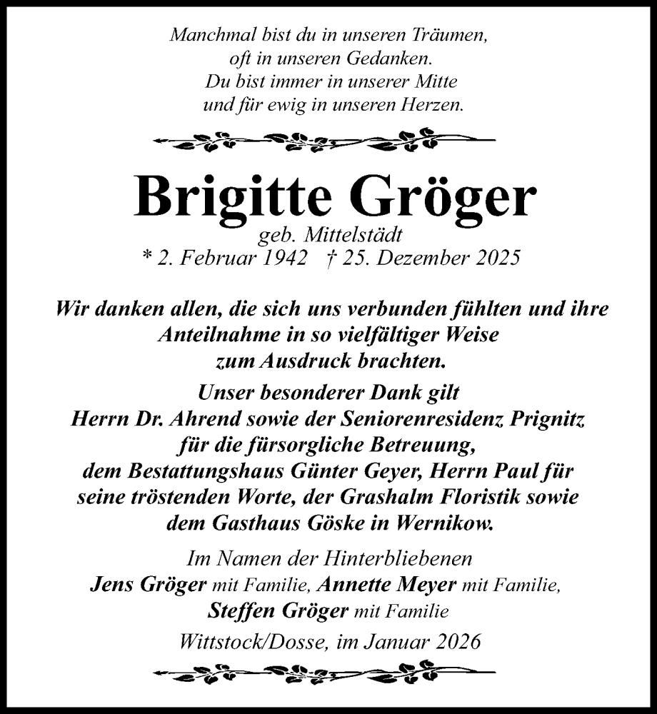  Traueranzeige für Brigitte Gröger vom 14.02.2026 aus Wochenspiegel