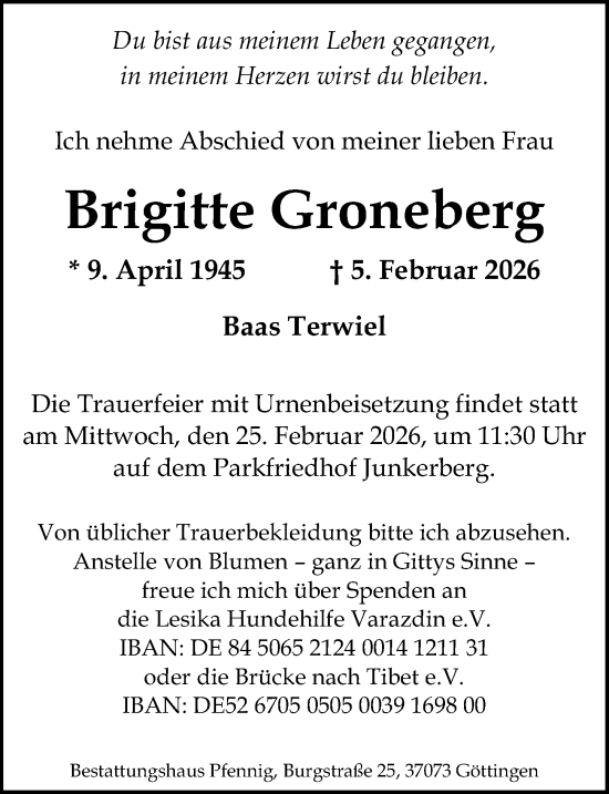 Traueranzeige von Brigitte Groneberg von Göttinger Tageblatt