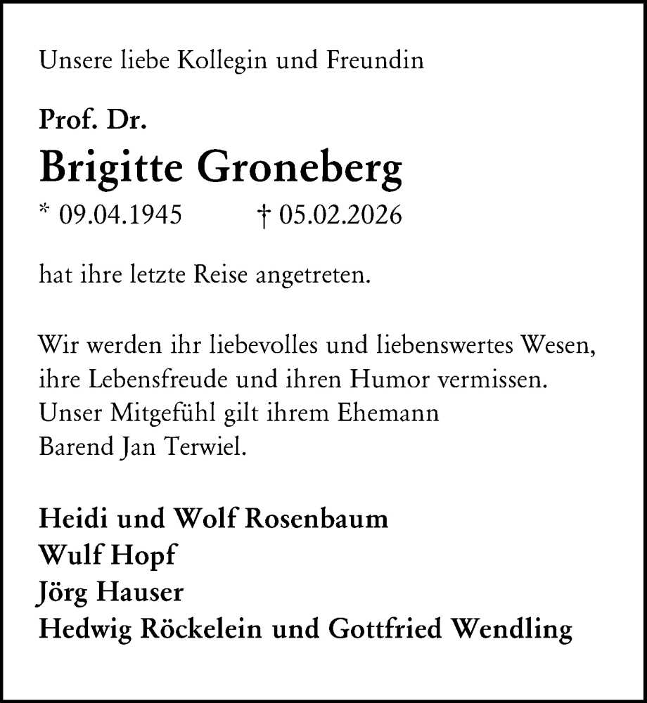  Traueranzeige für Brigitte Groneberg vom 21.02.2026 aus Göttinger Tageblatt