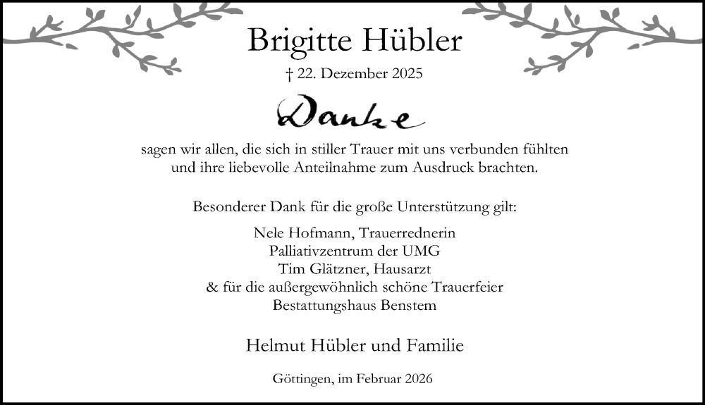  Traueranzeige für Brigitte Hübler vom 07.02.2026 aus Göttinger Tageblatt