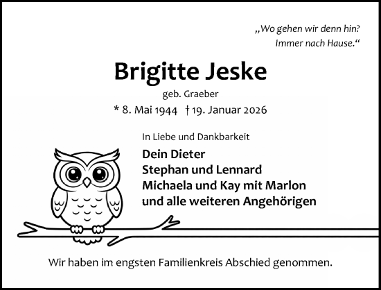 Traueranzeige von Brigitte Jeske von Lübecker Nachrichten