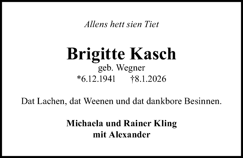  Traueranzeige für Brigitte Kasch vom 01.02.2026 aus Lübecker Nachrichten