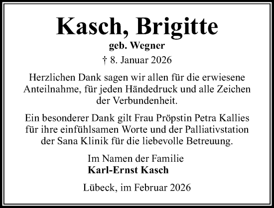 Traueranzeige von Brigitte Kasch von Lübecker Nachrichten