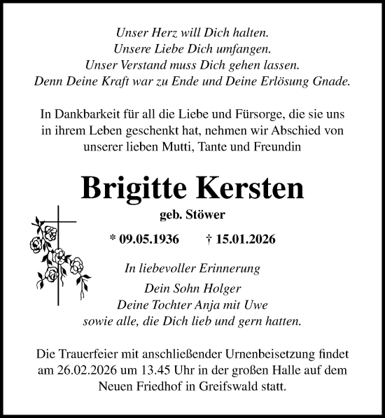 Traueranzeige von Brigitte Kersten von Ostsee-Zeitung GmbH