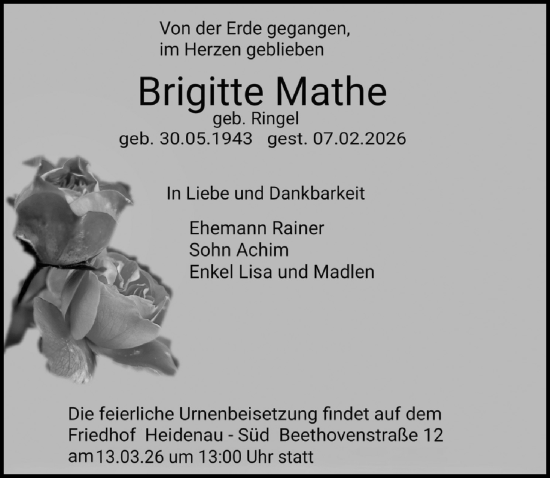 Traueranzeige von Brigitte Mathe von Sächsische Zeitung