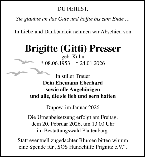 Traueranzeige von Brigitte Presser von Wochenspiegel