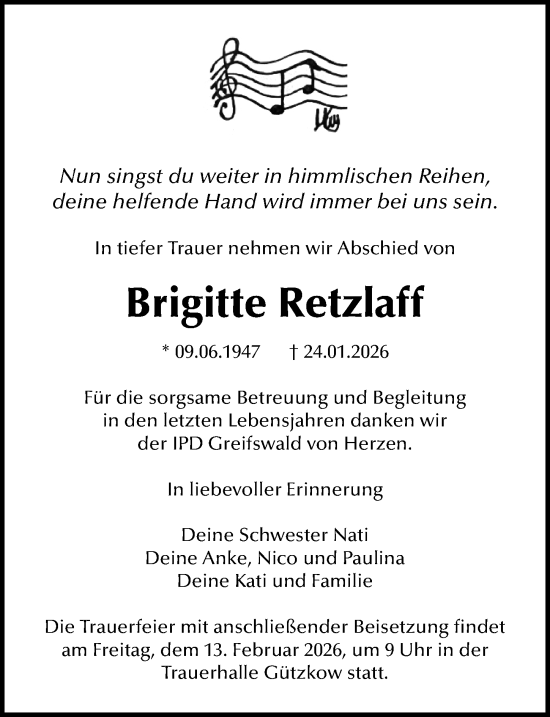 Traueranzeige von Brigitte Retzlaff von Ostsee-Zeitung GmbH