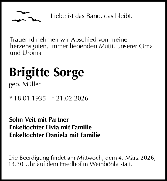 Traueranzeige von Brigitte Sorge von Sächsische Zeitung
