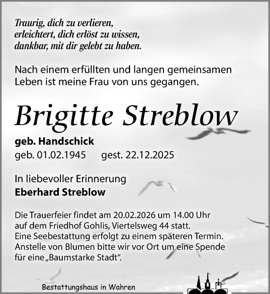 Traueranzeige von Brigitte Streblow von Leipziger Volkszeitung