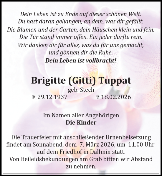 Traueranzeige von Brigitte Tuppat von Wochenspiegel