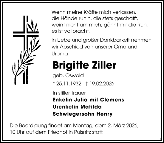 Traueranzeige von Brigitte Ziller von Sächsische Zeitung