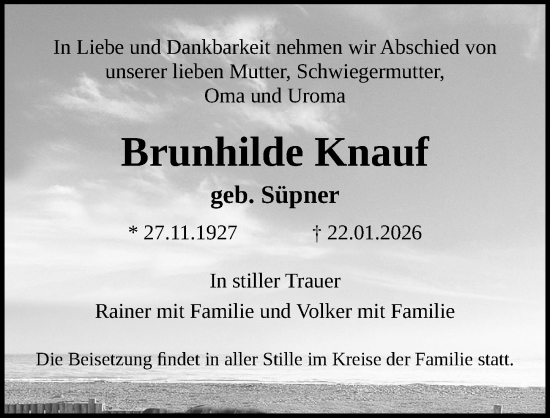 Traueranzeige von Brunhilde Knauf von Ostsee-Zeitung GmbH
