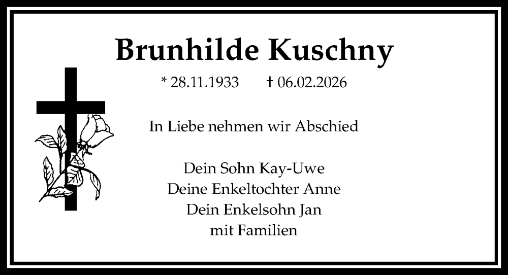  Traueranzeige für Brunhilde Kuschny vom 14.02.2026 aus Sächsische Zeitung