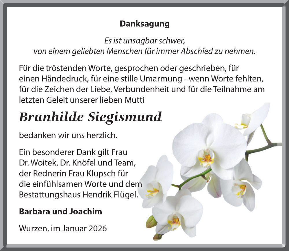  Traueranzeige für Brunhilde Siegismund vom 24.01.2026 aus Leipziger Volkszeitung