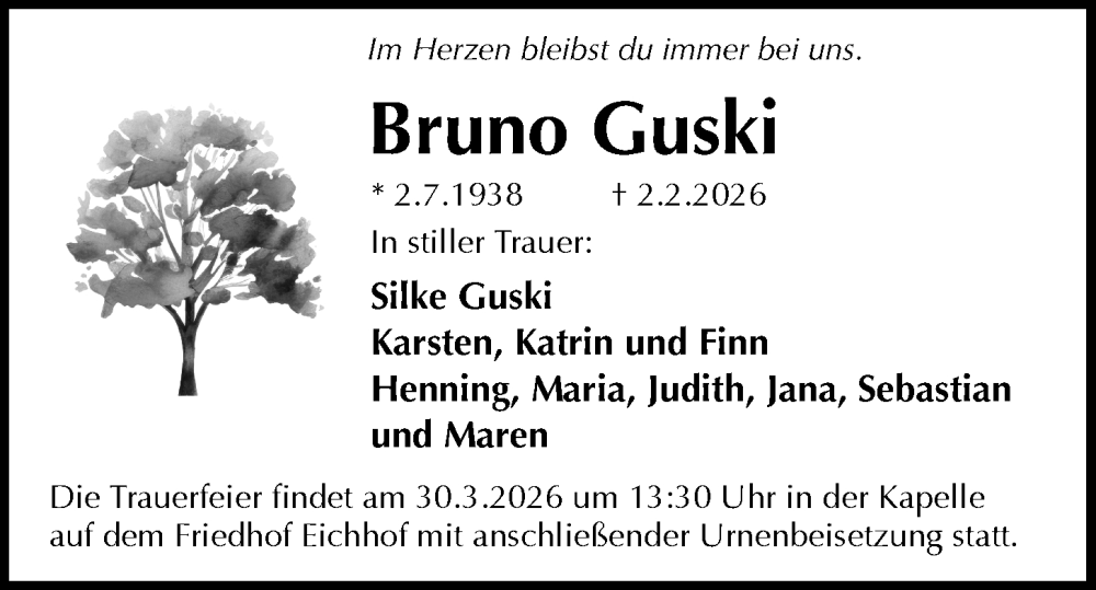  Traueranzeige für Bruno Guski vom 21.02.2026 aus Kieler Nachrichten