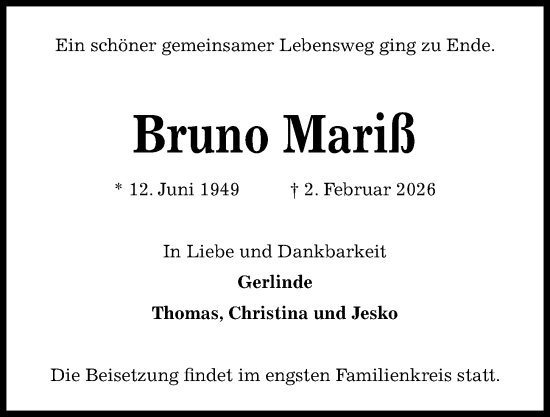 Traueranzeige von Bruno Mariß von Kieler Nachrichten